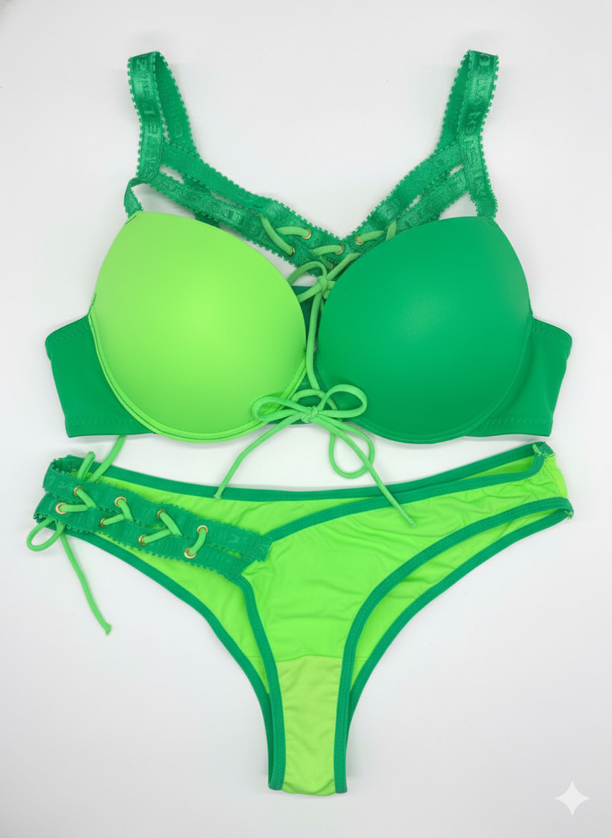 ست لباس زیر فانتزی زنانه – مدل بندینک دار (Lace-Up) رنگ سبز نئونی و یشمی