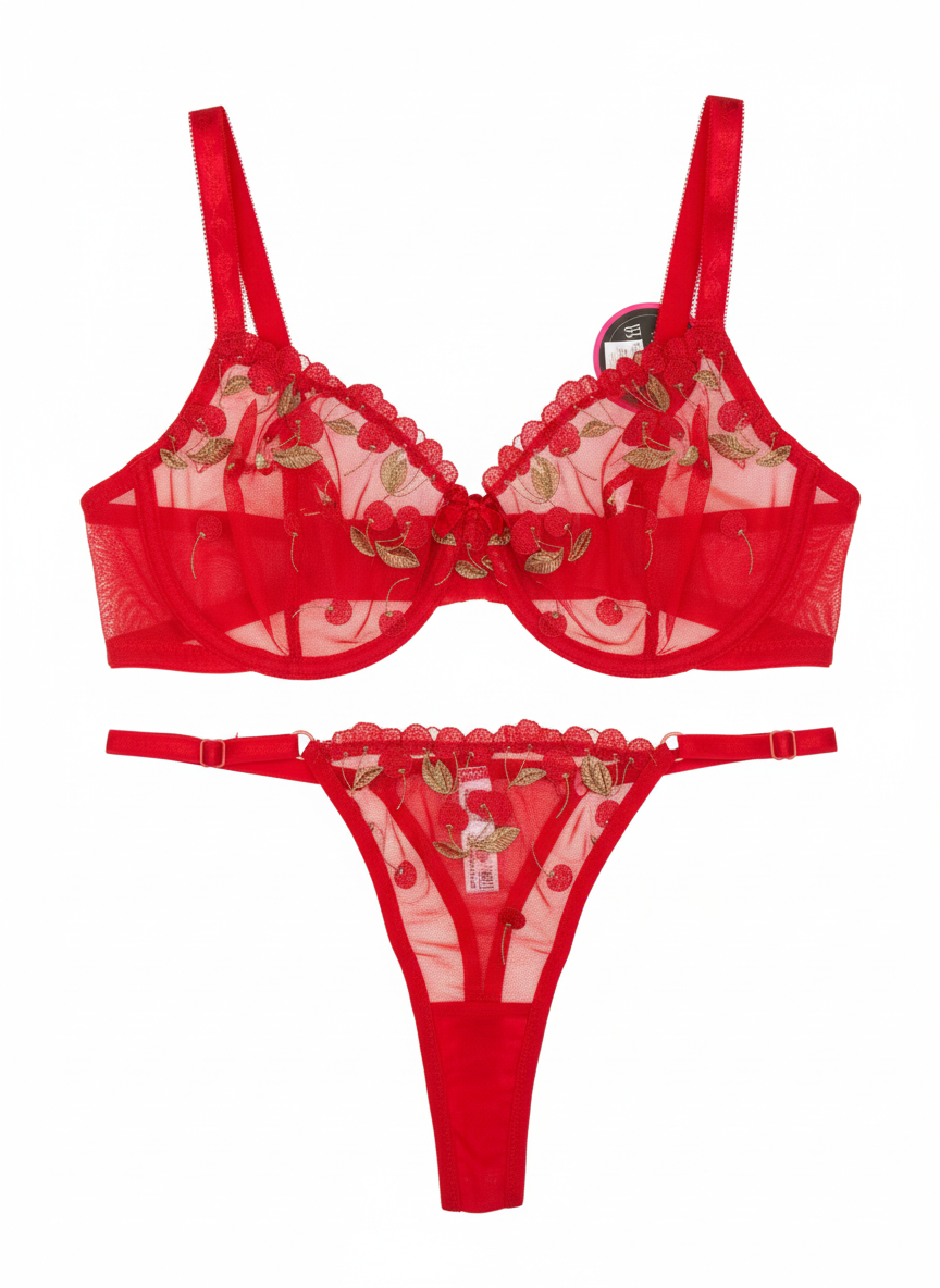 ست لباس زیر فانتزی گیلاسی – مدل توری و گلدوزی قرمز آتشین سایز 85B